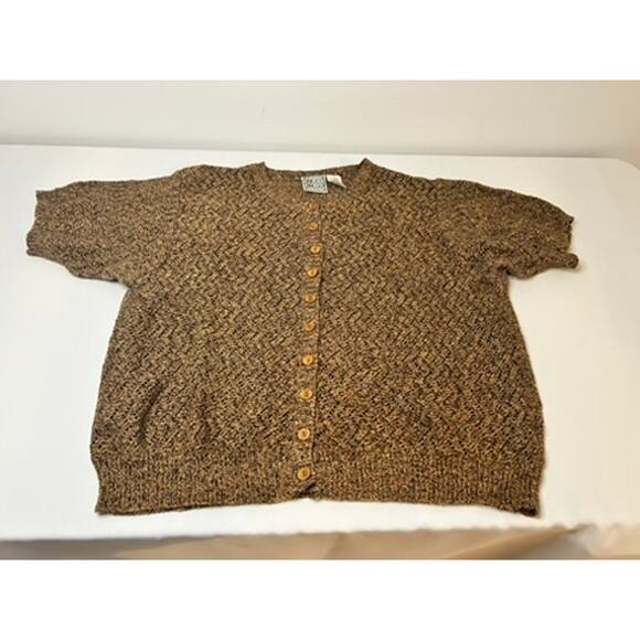 Russ Sweaters - Vintage Russ Knit Cardigan Womens Medium Brown Ramie Cotton Short Sleeve 90s